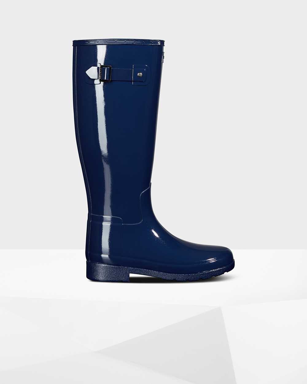 Hunter Women's Original Refined Tall Gloss Tall Wellington Boots Blue,QITJ82350